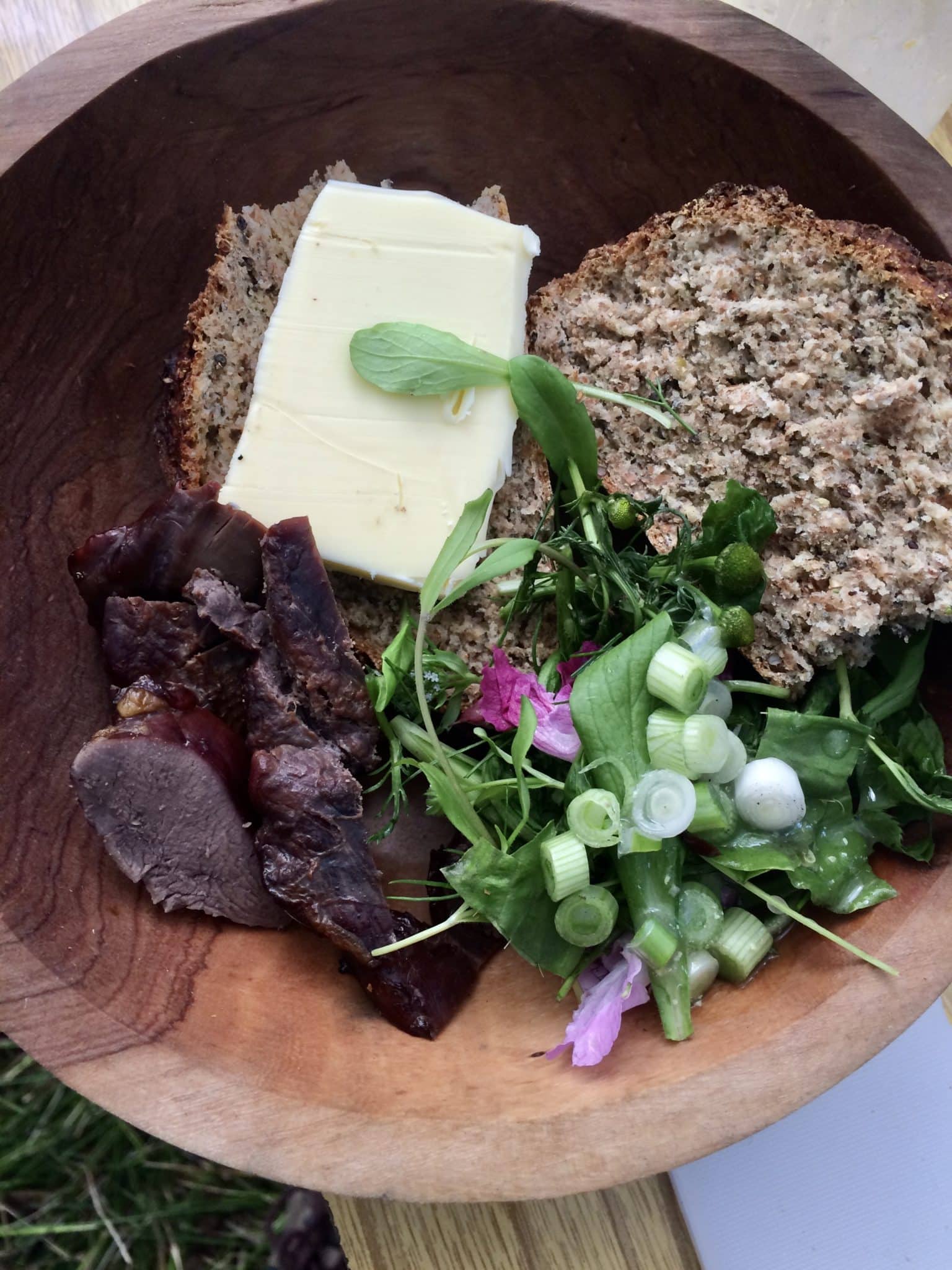 Lunch - foraged salad - smoked pigeon - home baked bread, with wild seeds - foraging and Preserving course - autumn Foraging - preserving - traditional crafts - pippin & Gile bushcraft and foraging - brecon beacons
