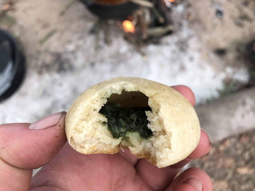 Wild Garlic Stuffed Dough Ball - Part of starters on our Late Spring Foraging Courses