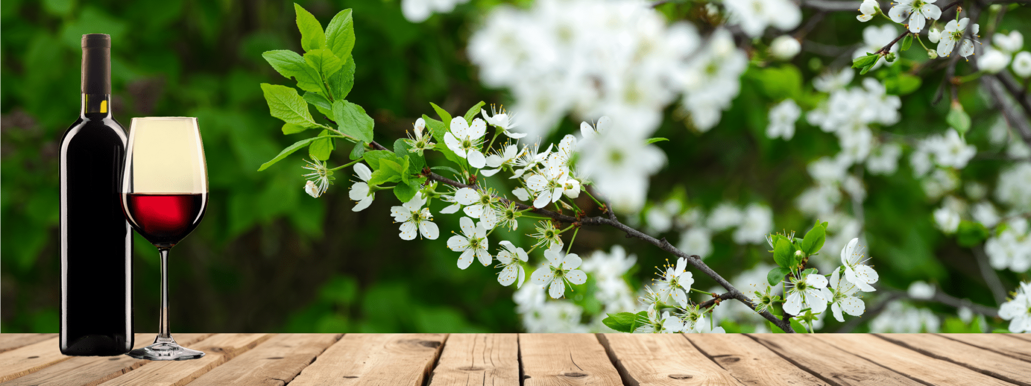 Spring Blossom and a wine glass and bottle in the foreground.