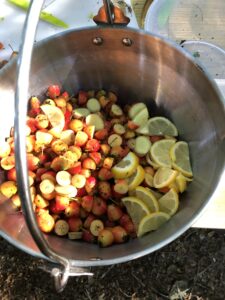 Jam Pan of crab apples and cut lemons outside